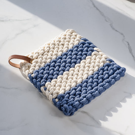 Cream/Blue Stripe Knit Pot Holder