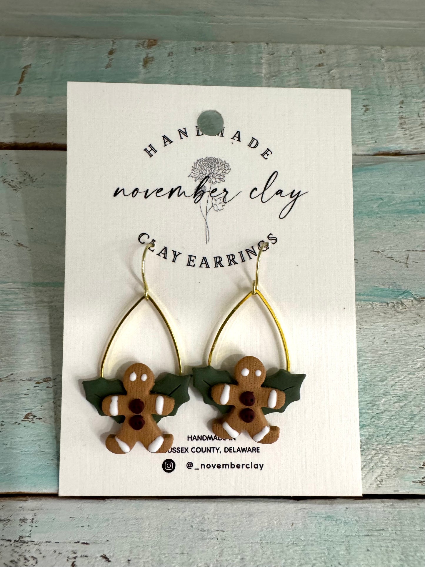Gingerbread Man w/Holly On Gold Tear Drop Hoop