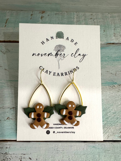 Gingerbread Man w/Holly On Gold Tear Drop Hoop