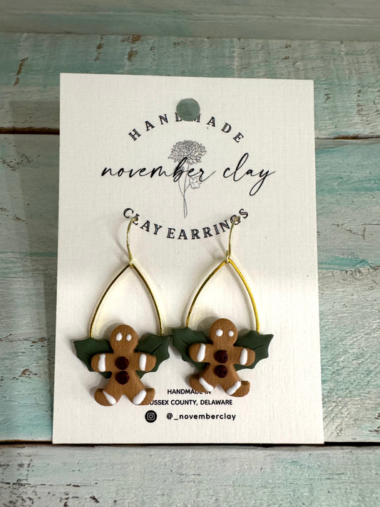 Gingerbread Man w/Holly On Gold Tear Drop Hoop