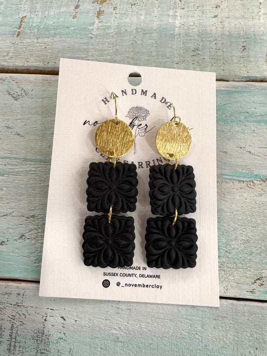 Black Gold Circle and Scalloped Squares Dangle