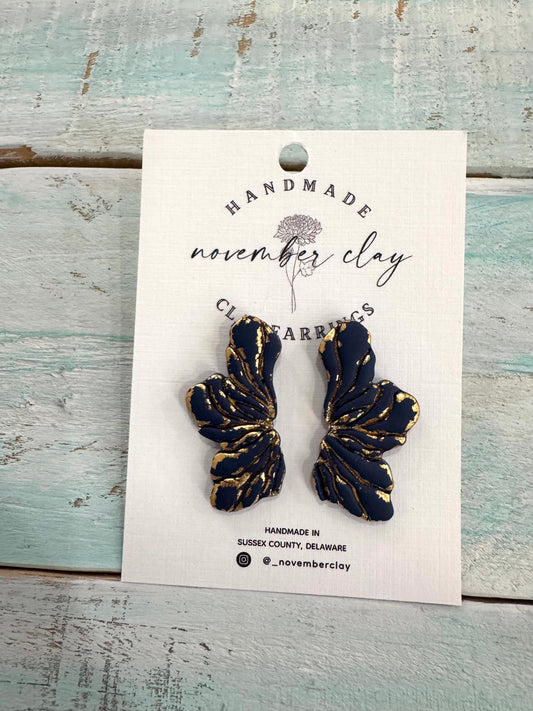 Large Half Flower Navy/Gold Stud