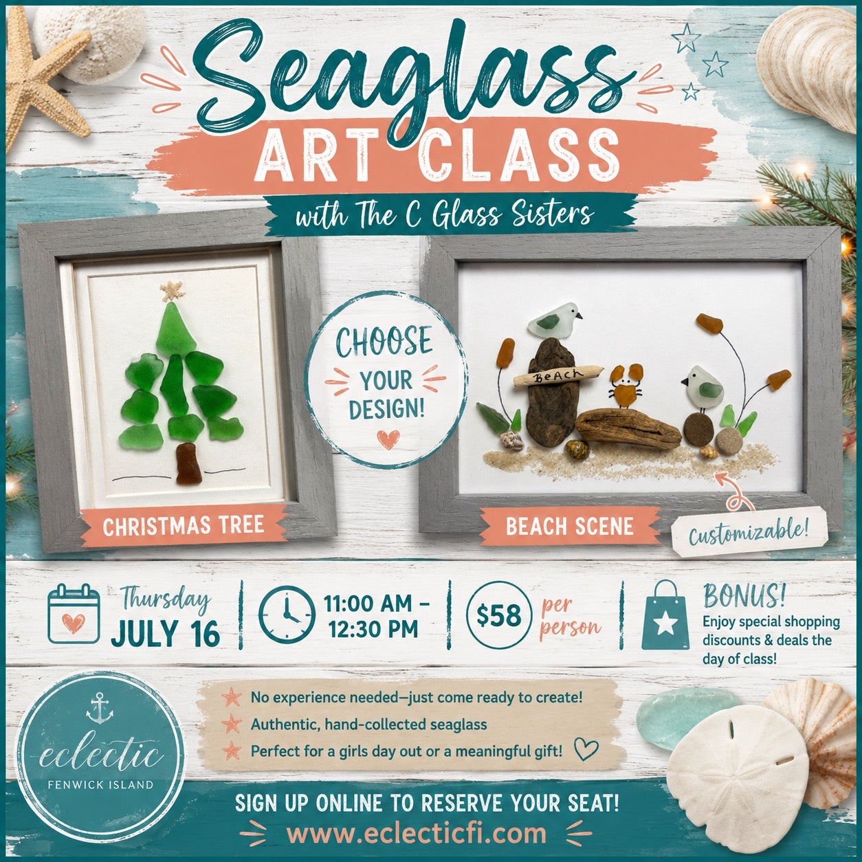 🌊🎄Seaglass Art Class with The C Glass Sisters 7/16 @ 11AM