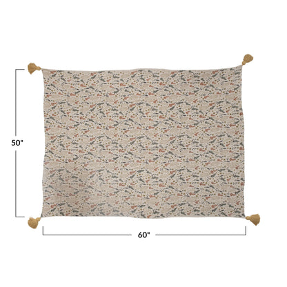 Woven Printed Throw with Tassels, Floral Pattern