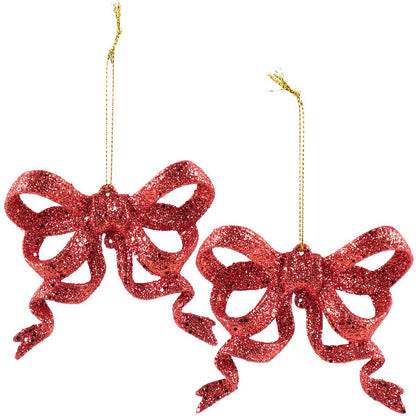 Red Glitter Bows Ornament Set