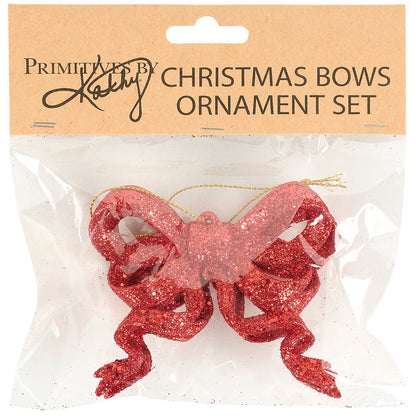 Red Glitter Bows Ornament Set