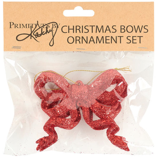 Red Glitter Bows Ornament Set