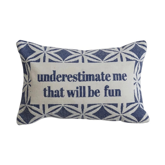 Cotton Velvet Embroidered Lumbar Pillow with Blue Geometric Pattern