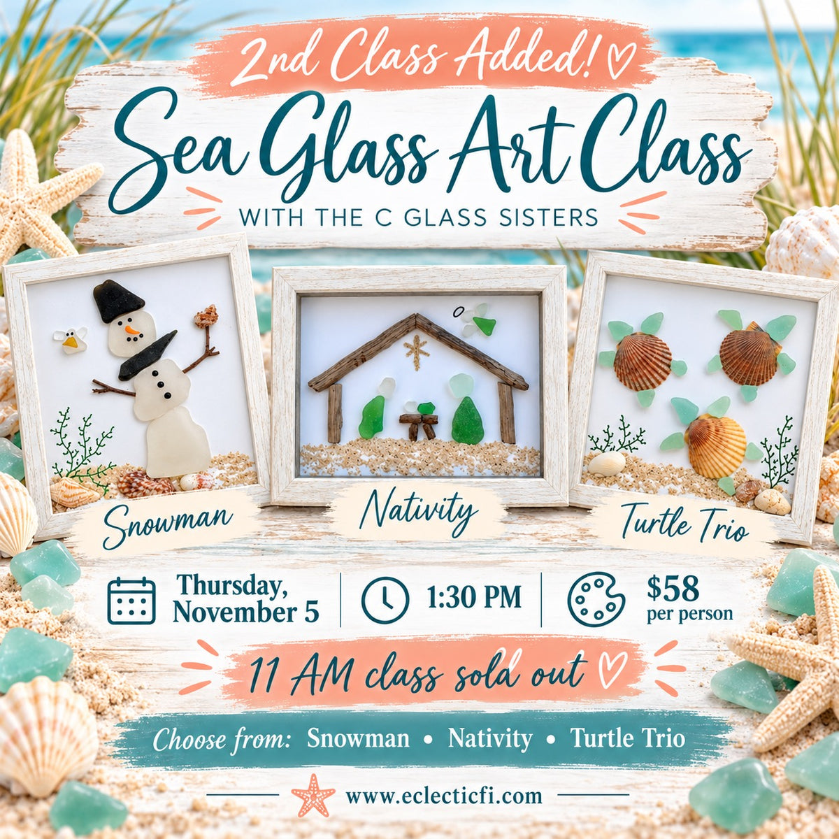 2nd OFFERING 🌊 Sea Glass Art Class with the C Glass Sisters! ☃️🐢 11/5 at 1:30 PM
