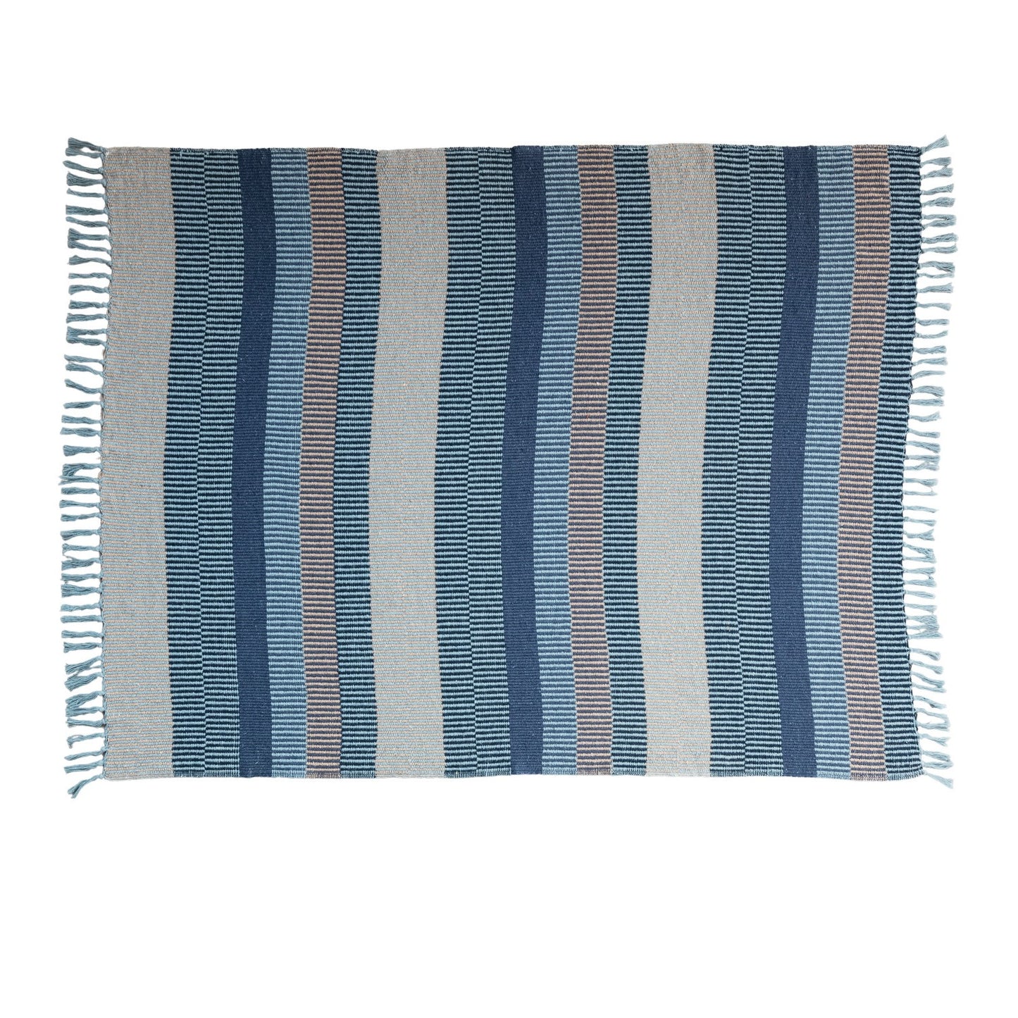 Blue 60"L x 50"W Woven Recycled Cotton Striped Throw with Fringe
