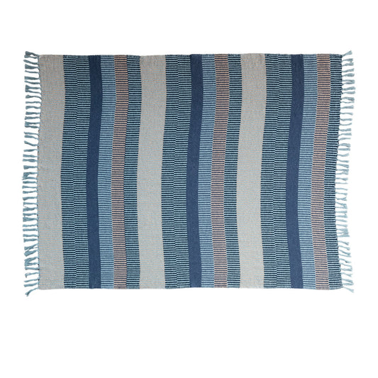 Blue 60"L x 50"W Woven Recycled Cotton Striped Throw with Fringe