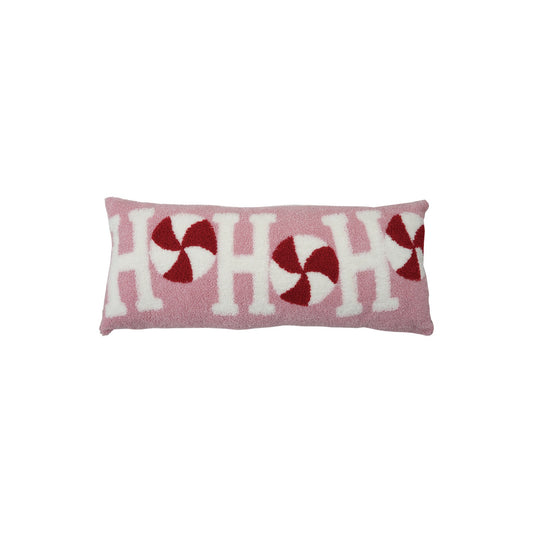 Cotton Terry Cloth Lumbar Pillow with Candy "Ho Ho Ho", Pink, White & Red