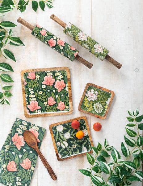 Green Floral Square Serving Tray