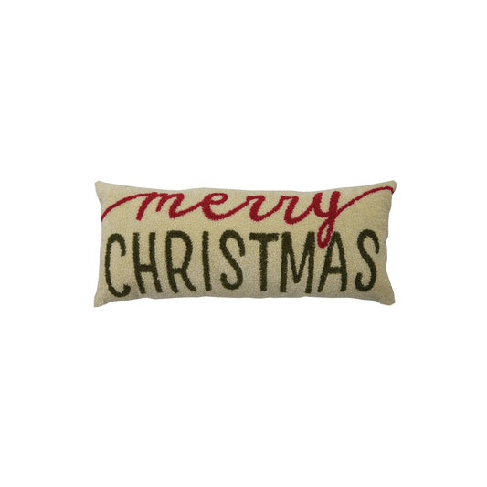 Cotton Boucle Lumbar Pillow with Embroidered "Merry Christmas", Beige, Green & Red