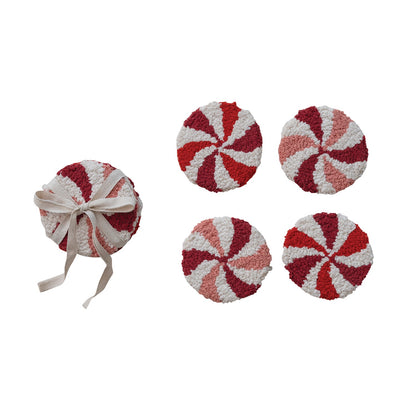 Cotton Tufted Candy Striped Coasters, Pink, Red & White, Set of 4 Tied with Cotton Tape