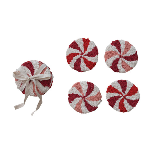 Cotton Tufted Candy Striped Coasters, Pink, Red & White, Set of 4 Tied with Cotton Tape