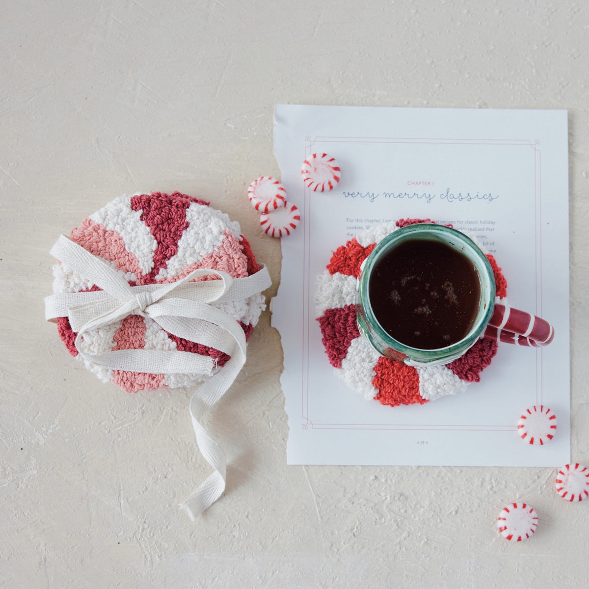 Cotton Tufted Candy Striped Coasters, Pink, Red & White, Set of 4 Tied with Cotton Tape