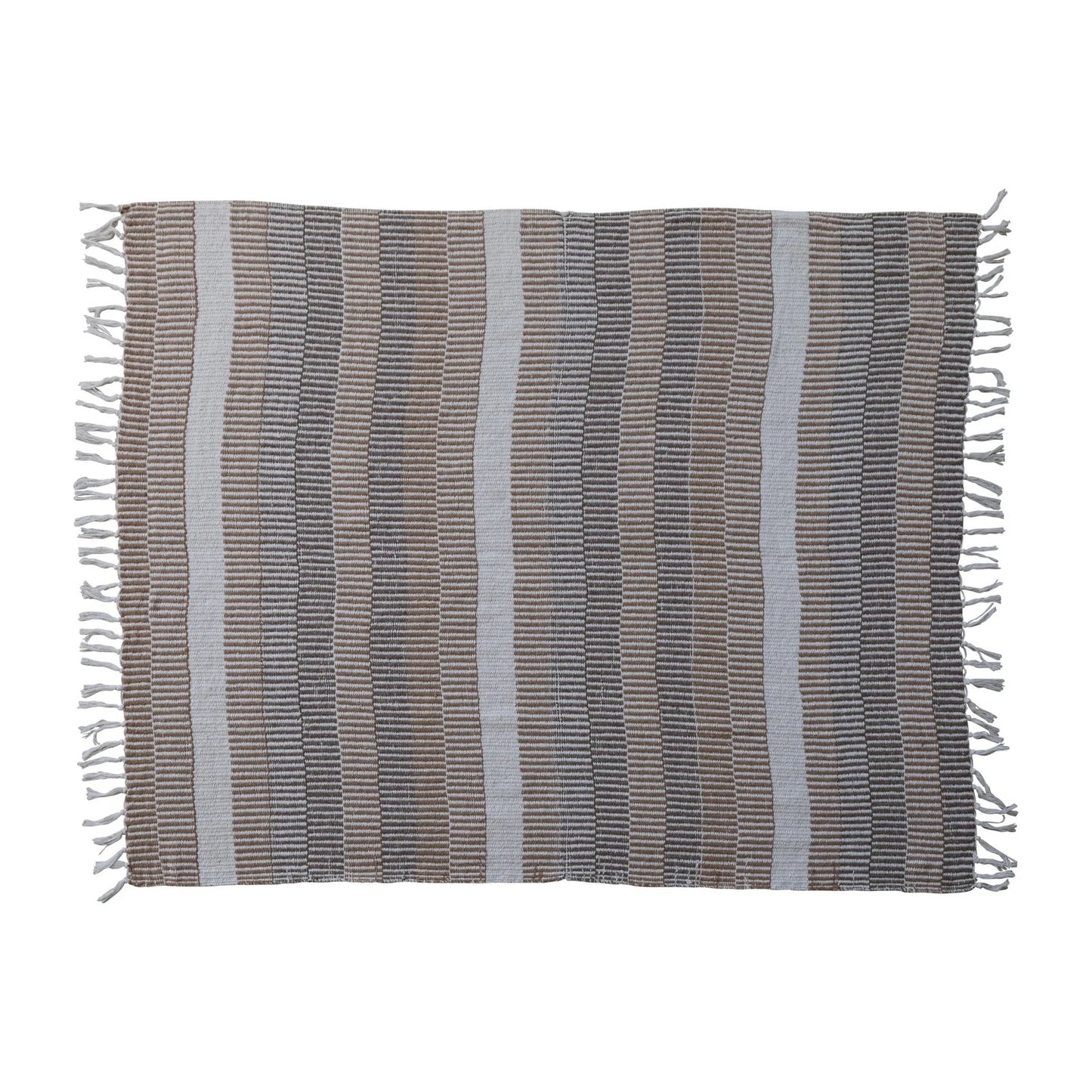 Woven Recycled Cotton Blend Throw with Stripes & Fringe, Neutrals