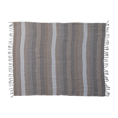 Woven Recycled Cotton Blend Throw with Stripes & Fringe, Neutrals
