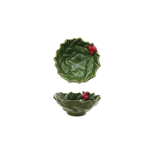 Hand-Painted Holly Leaves Shaped Bowl with Berries, Green & Red