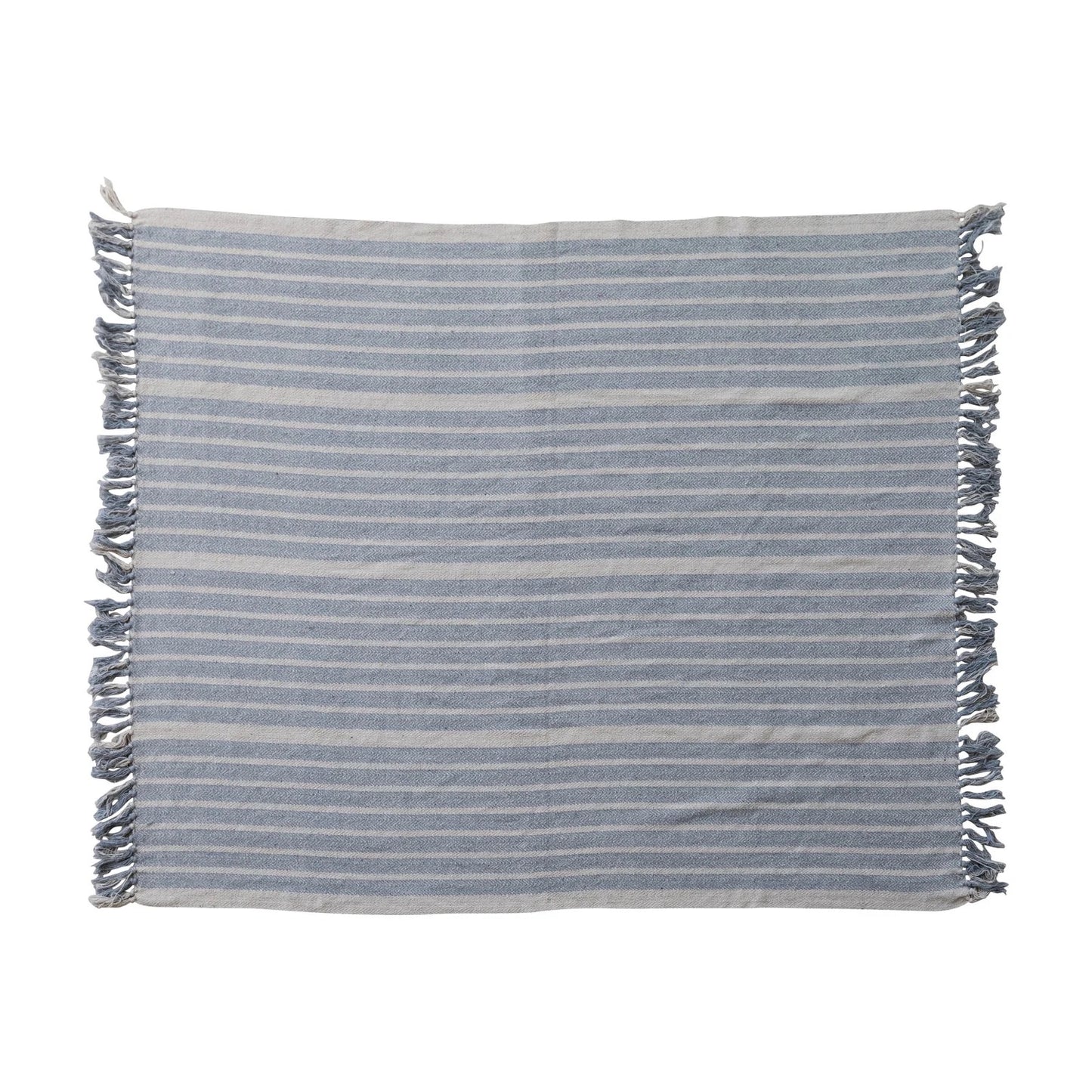 Woven Recycled Cotton Blend Throw with Stripes & Fringe, Blue
