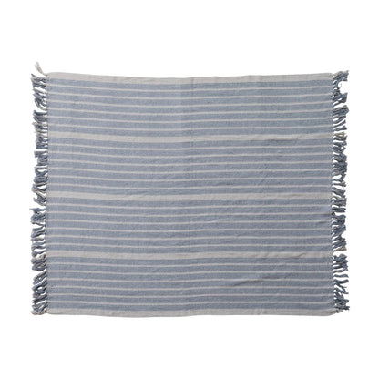 Woven Recycled Cotton Blend Throw with Stripes & Fringe, Blue