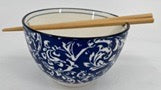 6" Blue Floral Noodle Bowl w/Chopsticks