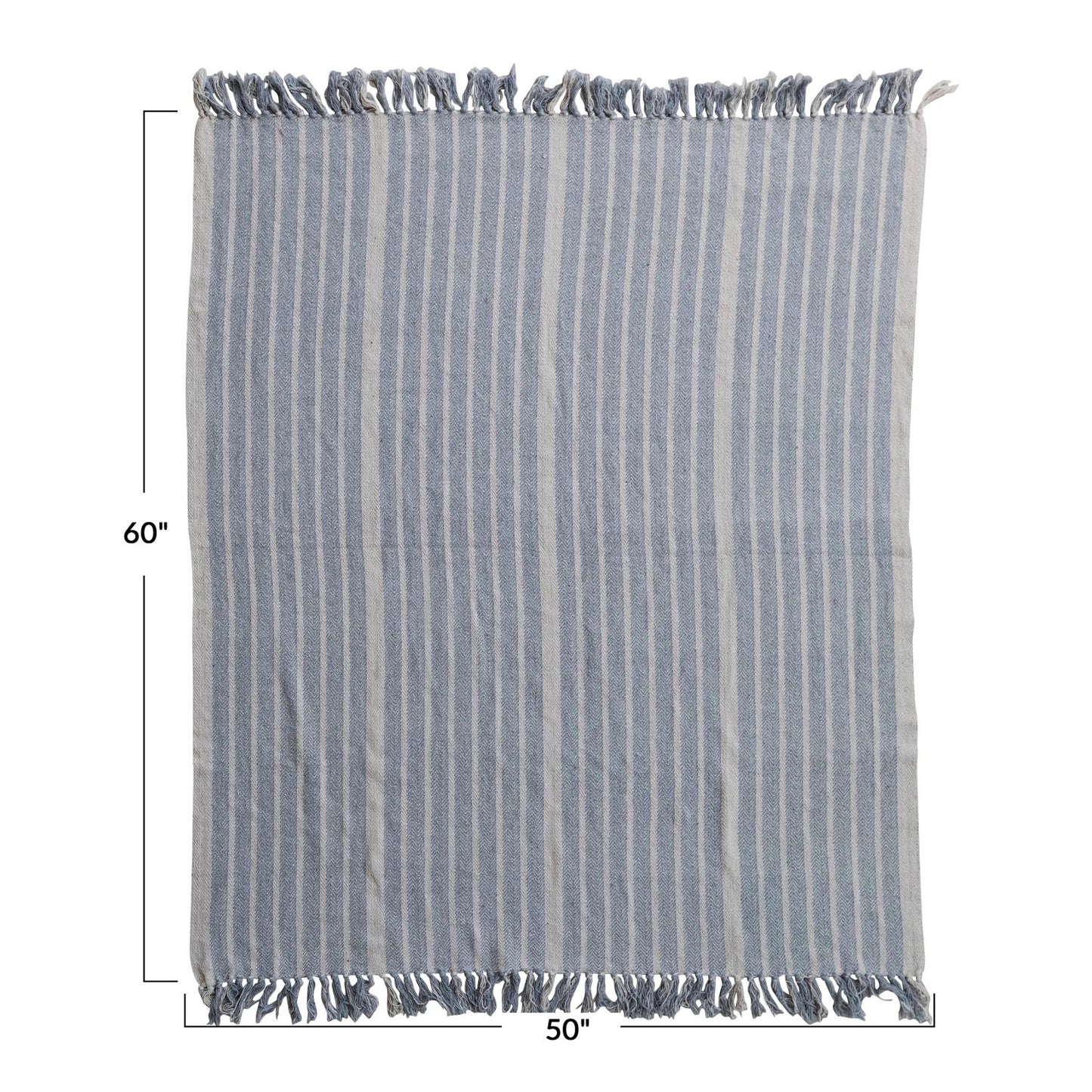 Woven Recycled Cotton Blend Throw with Stripes & Fringe, Blue
