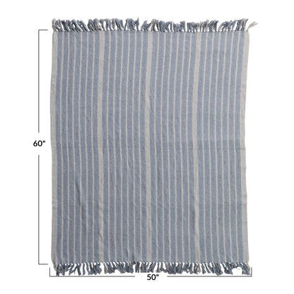 Woven Recycled Cotton Blend Throw with Stripes & Fringe, Blue