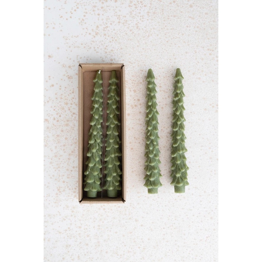 10" Cedar Green Unscented Tree Shaped Taper Candles, Set of 2