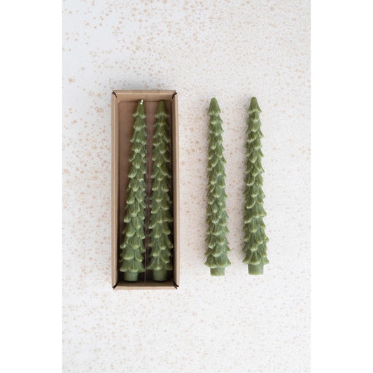 10" Cedar Green Unscented Tree Shaped Taper Candles, Set of 2