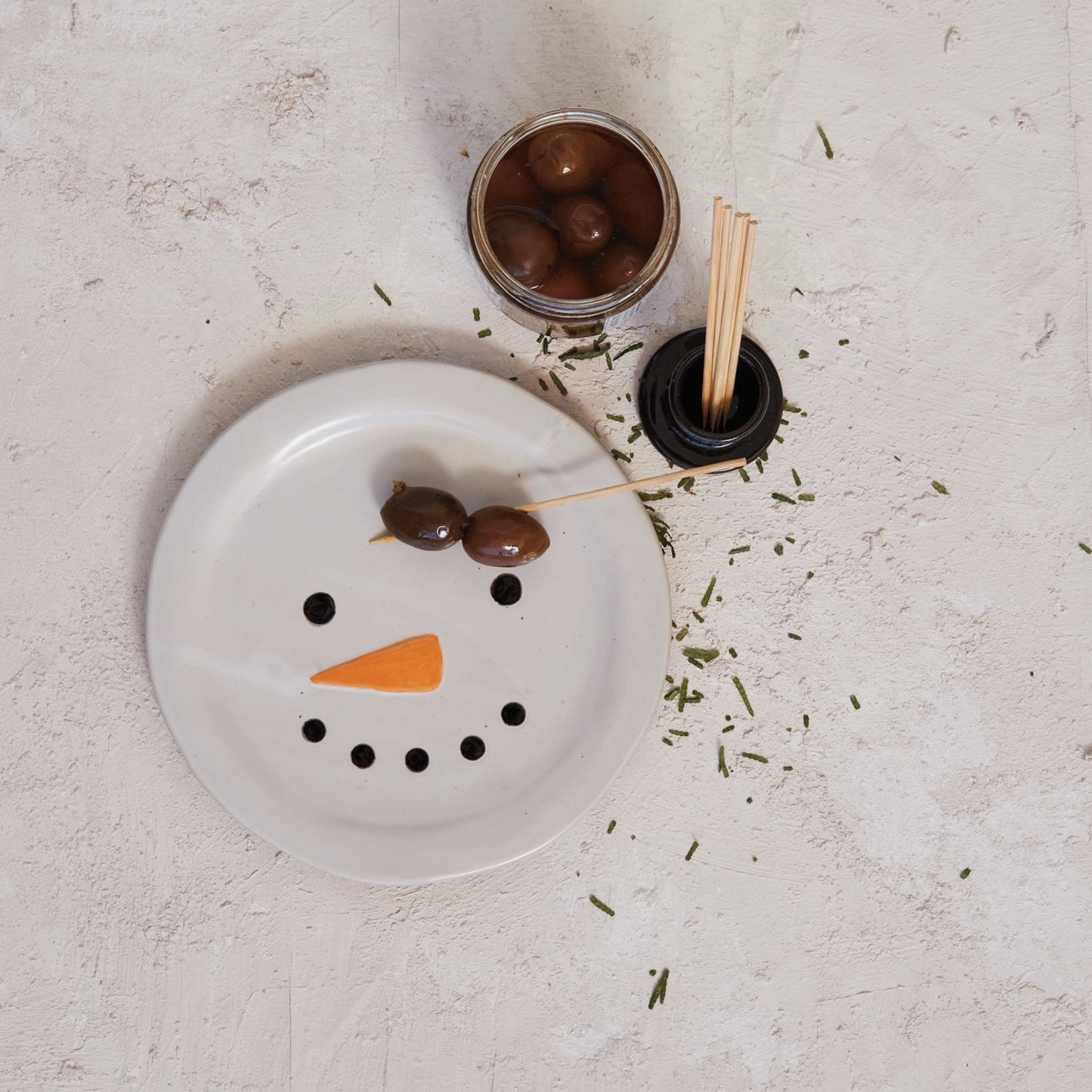 Embossed Stoneware Snowman Plate w/ Hat Toothpick Holder