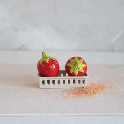 Stoneware Strawberry Shaped Salt & Pepper Shakers with Berry Basket Shaped Holder