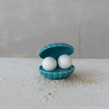 Stoneware Salt & Pepper Shakers with Shell Shaped Holder