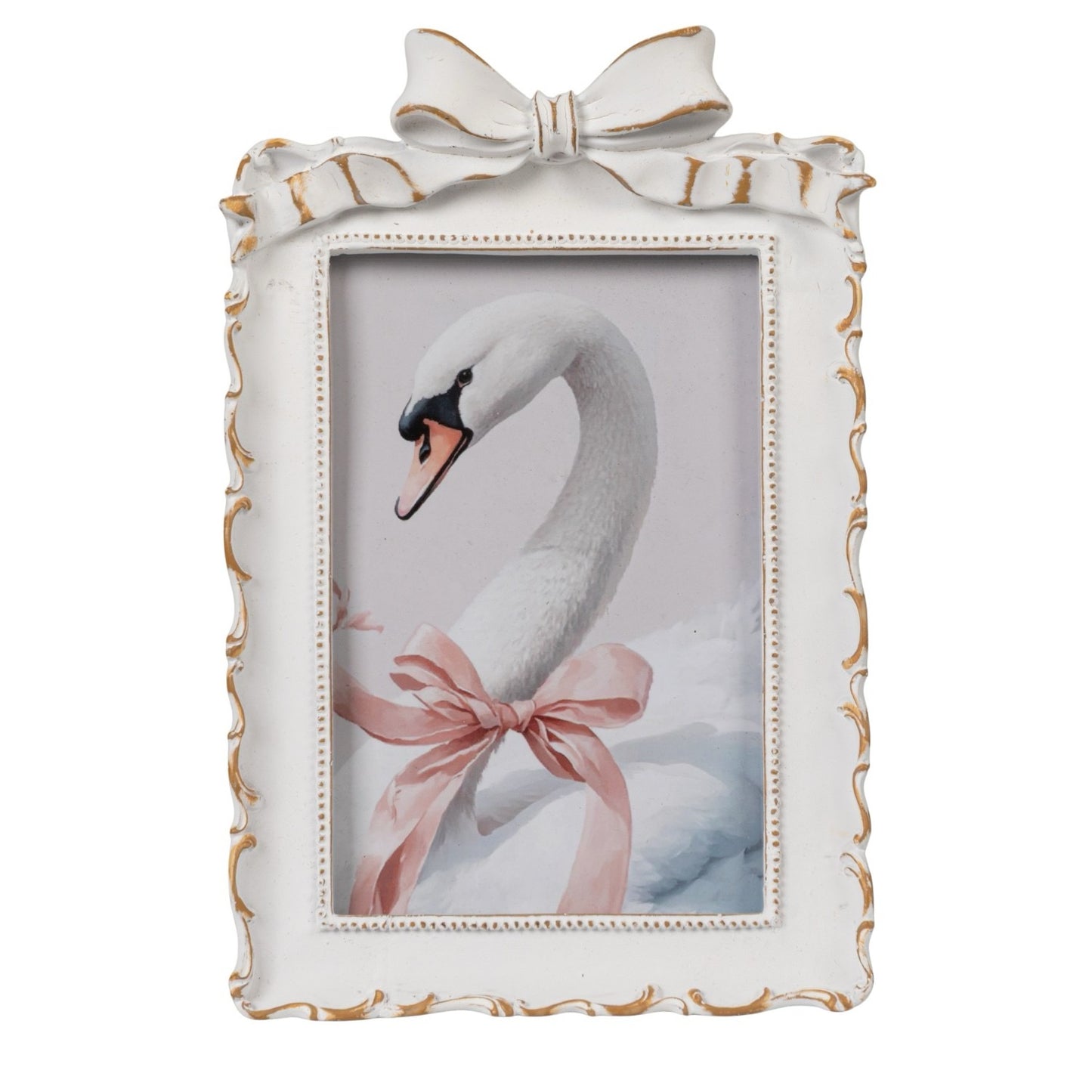 Photo Frame with Bow, Antique White & Gold Finish (Holds 4" x 6" Photo)