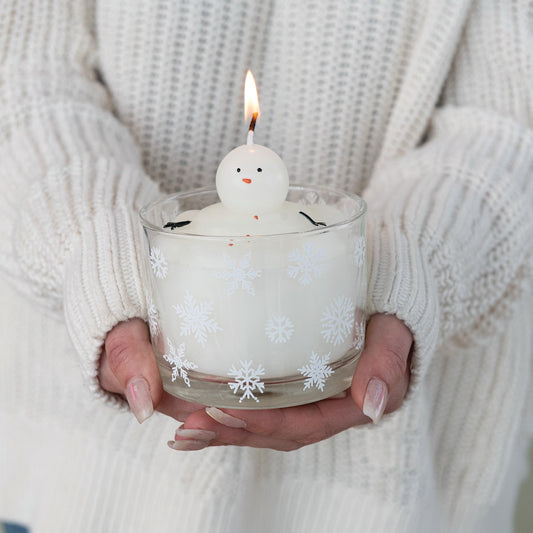 Melting Snowman Candle In Glass Vessel with Snowflakes, White
