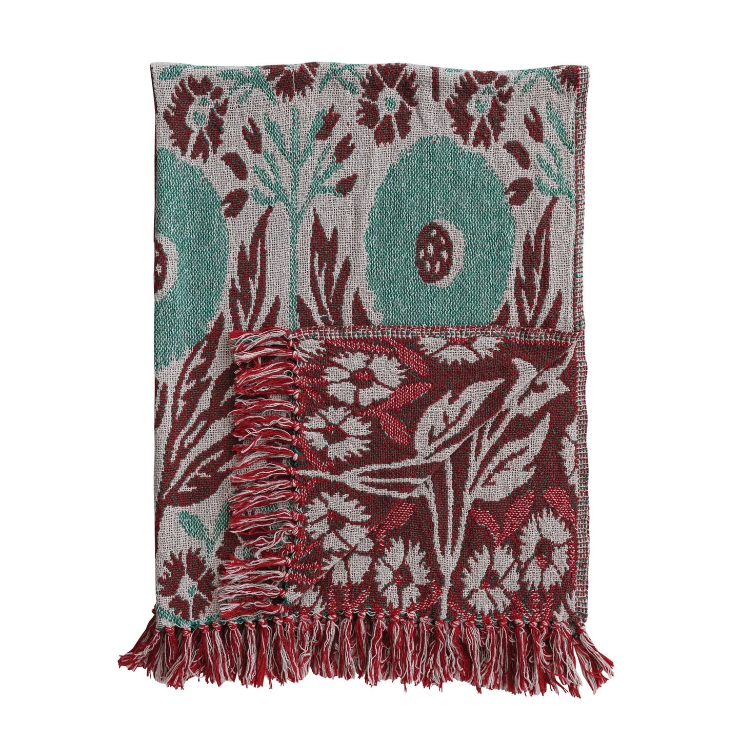 Woven Cotton Blend Jacquard Throw with Flower Pattern & Fringe, Natural, Green & Berry Color