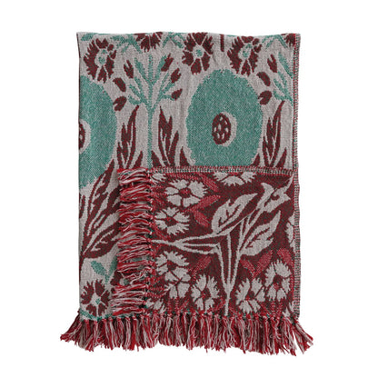 Woven Cotton Blend Jacquard Throw with Flower Pattern & Fringe, Natural, Green & Berry Color