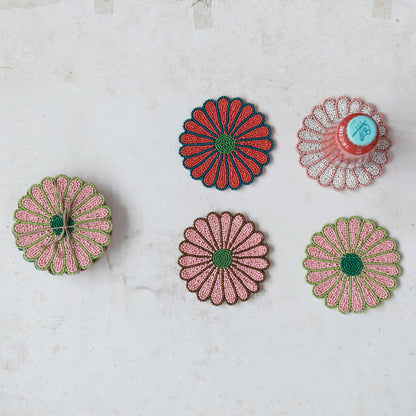 Glass Beaded Flower Shaped Coasters, Set of 4 Tied with Jute