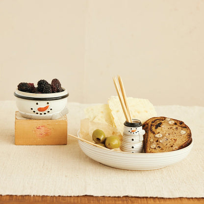 Stoneware Bowl with Snowman Shaped Toothpick Holder (Each Will Vary)