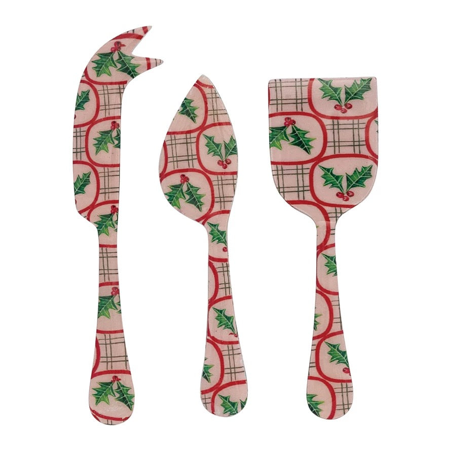 Holiday Enameled Stainless Steel Cheese Knives with Colored Edge, Set of 3 Multicolor