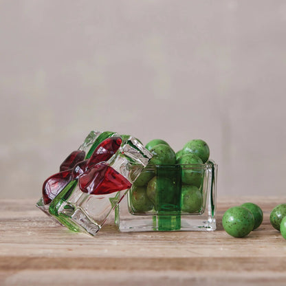 3-1/4" Square x 3"H Glass Gift Shaped Jar, Red & Green