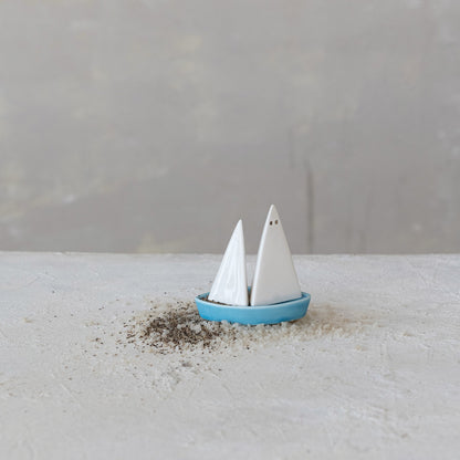 Set (3 pcs.) Stoneware Sail Shaped Salt & Pepper Shakers