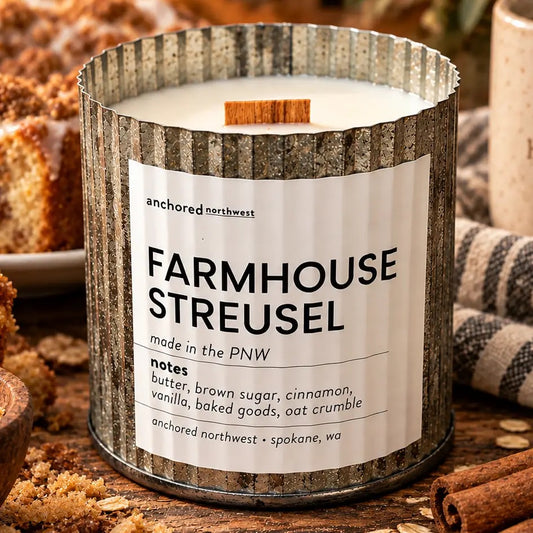 Farmhouse Streusel Wood Wick Candle, Rustic Vintage Decor: 10oz