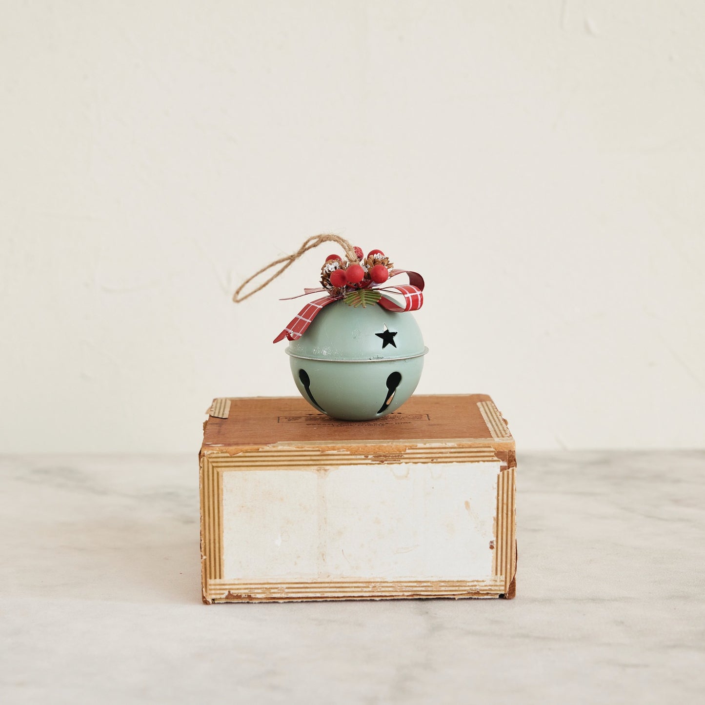 Metal Jingle Bell Ornament with Bow, Star Cut-Outs, Pinecones & Holly