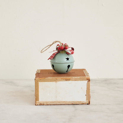 Metal Jingle Bell Ornament with Bow, Star Cut-Outs, Pinecones & Holly