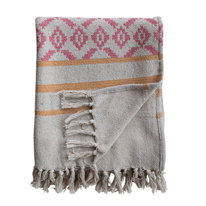 Woven Recycled Cotton Blend Jacquard Throw with Stripes & Tassels