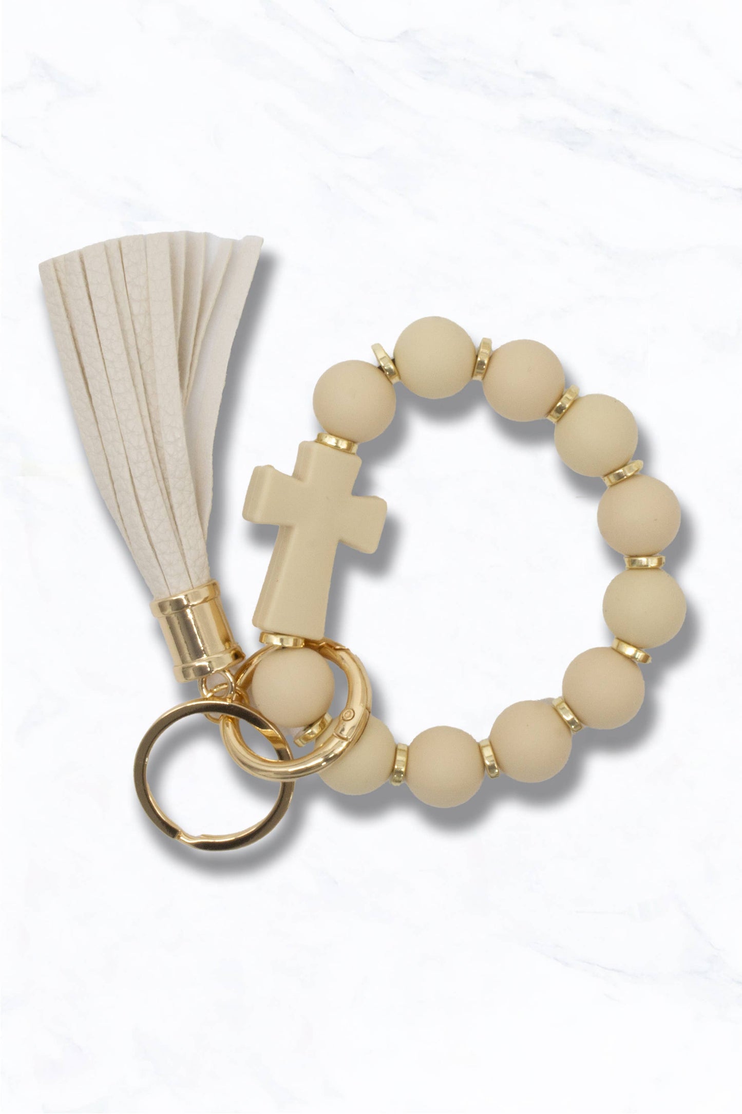 Silicone Beaded Keychain with Tassel & Cross