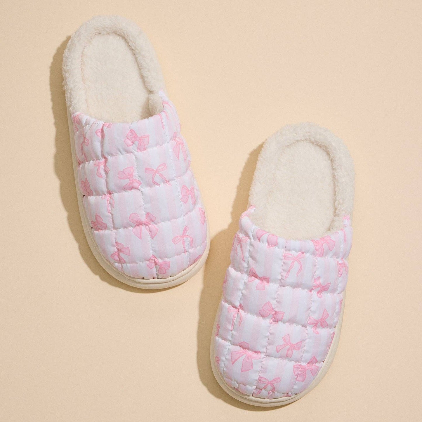 Soft Quilted Indoor Slippers with Pink Bow Pattern
