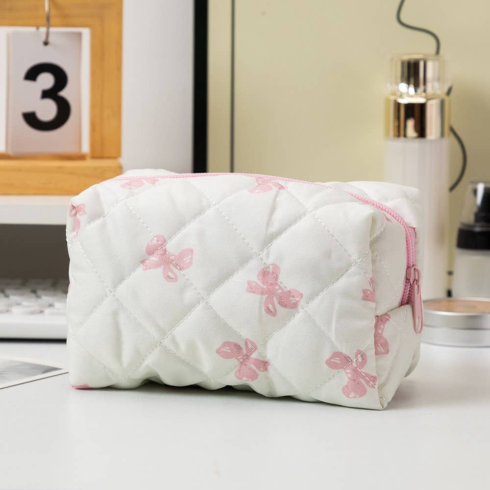Quilted Cotton Bow Cosmetic Pouch Bag